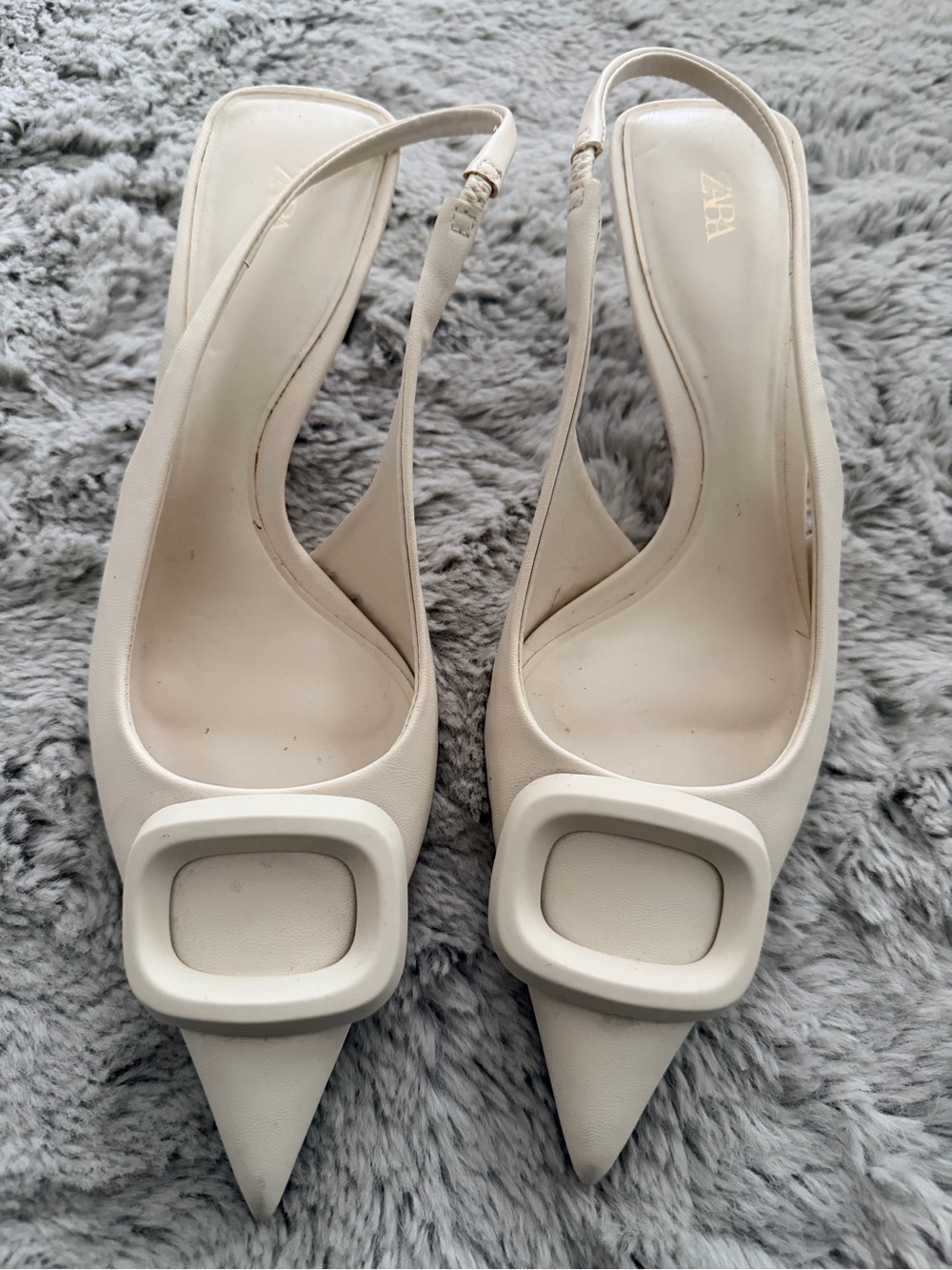 ZARA Women’s Ivory Pointed Toe Slingback Heels Buckle Detail Size 38 US 7.5
